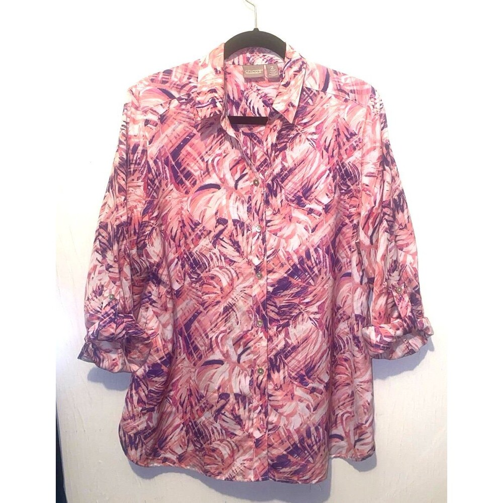 Chicos Sunbeam Palm Modern Utility Shirt Size 2 US 12 Button Up Pink Purple